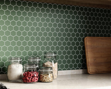 Green hexagon kitchen backsplash