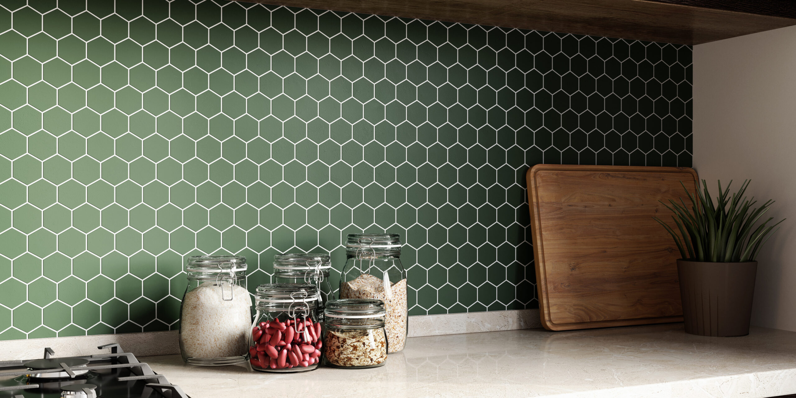 Green hexagon kitchen backsplash